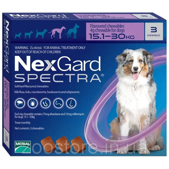 NexGard Spectra (Нексгард Спектра) таблетки жувальні від бліх, кліщів, глистів для собак від 15,1 до 30 кг (1 таблетка) Merial