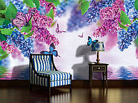 Необычные флизелиновые фотообои 3д для зала 312x219 см Цветы сирени и бабочки над водой (1533VEXXL)+клей