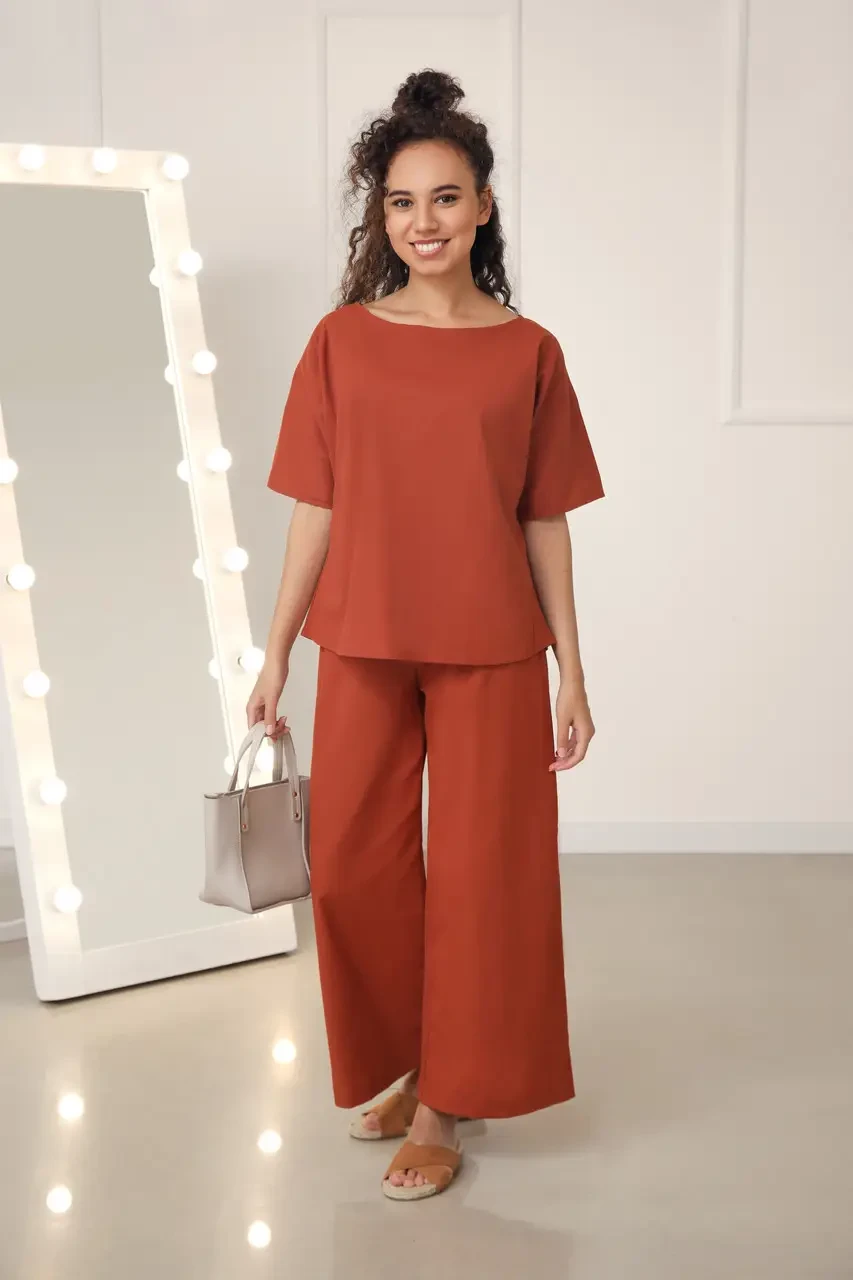 Жіночий літній костюм із натурального льону "Delux" колір теракота