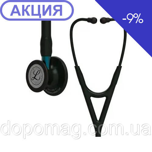 Стетоскоп Littmann Cardiology IV чорний з головкою чорного кольору на блакитній ніжці, чорне наголов'я 6201