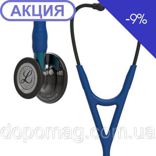 Стетоскоп Littmann® Cardiology IVTM, темно-синій із дзеркальною головкою димчастого кольору на блакитній ніжці, чорний