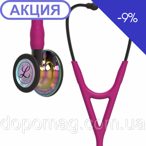 Стетоскоп Cardiology IV Littmann 6241 малинового кольору з райдужною дзеркальною головкою на ніжці димчастого кольору