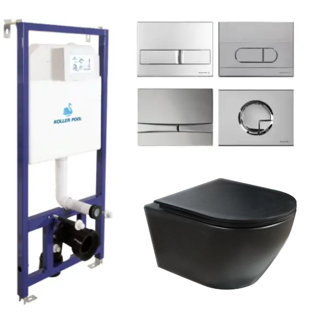 Комплект 5в1: Інсталяція Koller pool + Безобідковий підвісний унітаз Newarc Modern + хром клавіша НА ВИБІР, фото 1