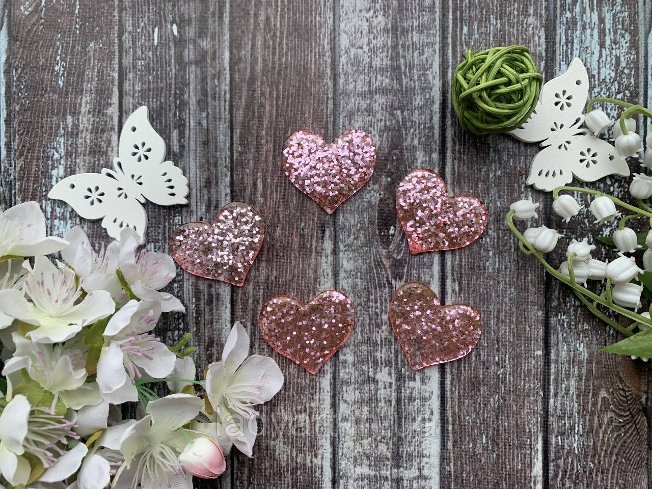 Кабошон "Серце глітер" 3.5 х  рожеве 3 см, 20 шт/уп. оптом, фото 1