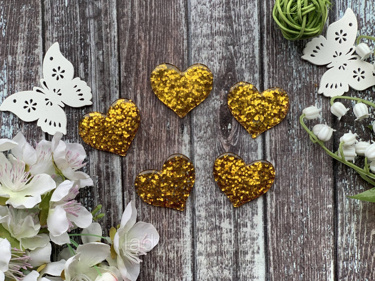 Кабошон "Серце глітер" 3.5 х  золото 3 см, 20 шт/уп. оптом, фото 1
