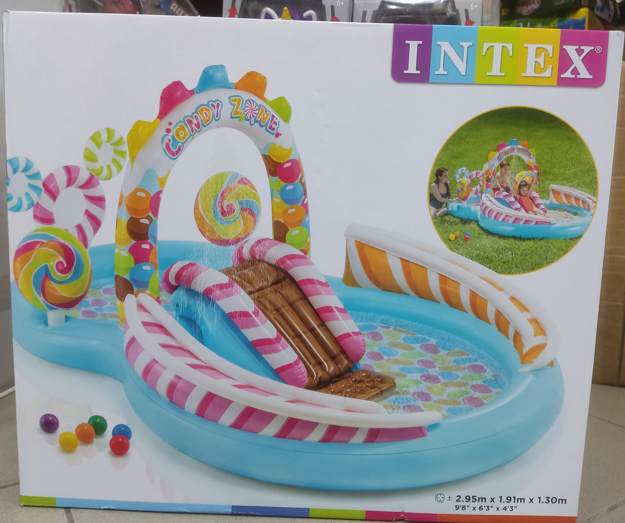 детский надувной центр Intex 57149 бассейн с горкой Карамель 295 см х 191 см х 130 см обєм 374 літра