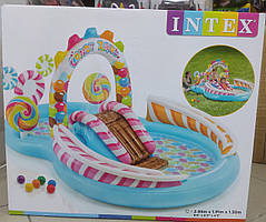 детский надувной центр Intex 57149   бассейн с горкой Карамель 295 см х 191 см х 130 см  обєм 374 літра