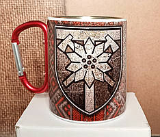 Крута металева чашка з ручкою-карабіном. Термочашка з емблемою славної 128-ої гірсько-штурмової бригади. Біла