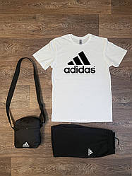 Літній комплект 3 в 1 футболка шорти та сумка Адідас білого та чорного кольору