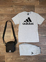 Летний комплект 3 в 1 футболка шорты и сумка Адидас серого и черного цвета