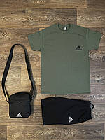 Летний комплект 3 в 1 футболка шорты и сумка Адидас оливкового и черного цвета