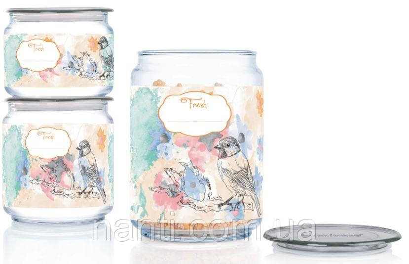 Набір банок для зберігання продуктів Luminarc Plano Happy Bird Grey (0,5 л, 0,75 л, 1 л) 3 пр. P9217