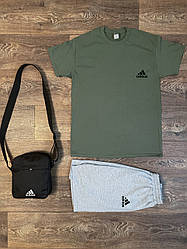 Літній комплект 3 в 1 футболка шорти та сумка Адідас оливкового та сірого кольору