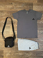 Летний комплект 3 в 1 футболка шорты и сумка Адидас серого цвета