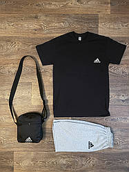Літній комплект 3 в 1 футболка шорти та сумка Адідас чорного та сірого кольору