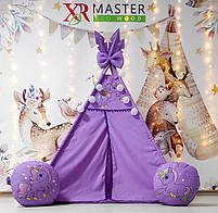 Вігвам та аксесуари великий ігровий намет для дітей курінь Кольорові єдинороги на фіолетовому, комплект, фото 3