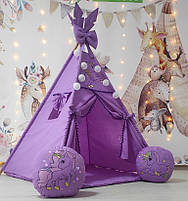 Вігвам та аксесуари великий ігровий намет для дітей курінь Кольорові єдинороги на фіолетовому, комплект, фото 6