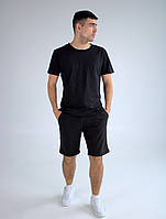 Мужской черный костюм футболка и шорты, легкий мужской комплект однотонный шорты и футболка черного цвета