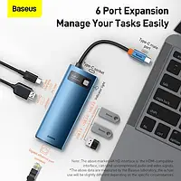 USB-хаб Baseus Metal Gleam Series 6-in-1 Type-C/USB/Type-C/HDMI/RJ45 Blue (WKWG000003)