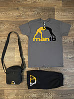 Летний комплект 3 в 1 футболка шорты и сумка Манто черного и серого цвета