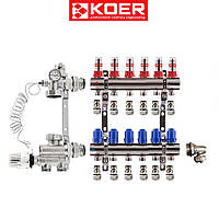 Коллекторный узел в сборе нижнее подключение на 6 выходов для системы "ТЕПЛЫЙ ПОЛ" KOER (Чехия)