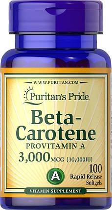 Вітамін А (бета-каротин) Puritan's Pride Beta-Carotene Provitamin A 10,000 IU 100 капс., фото 2