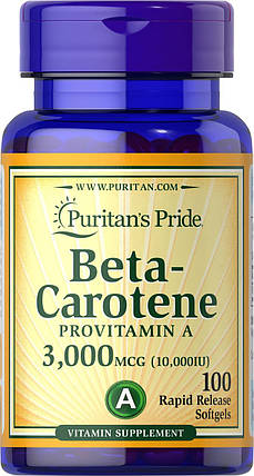 Вітамін А (бета-каротин) Puritan's Pride Beta-Carotene Provitamin A 10,000 IU 100 капс., фото 1