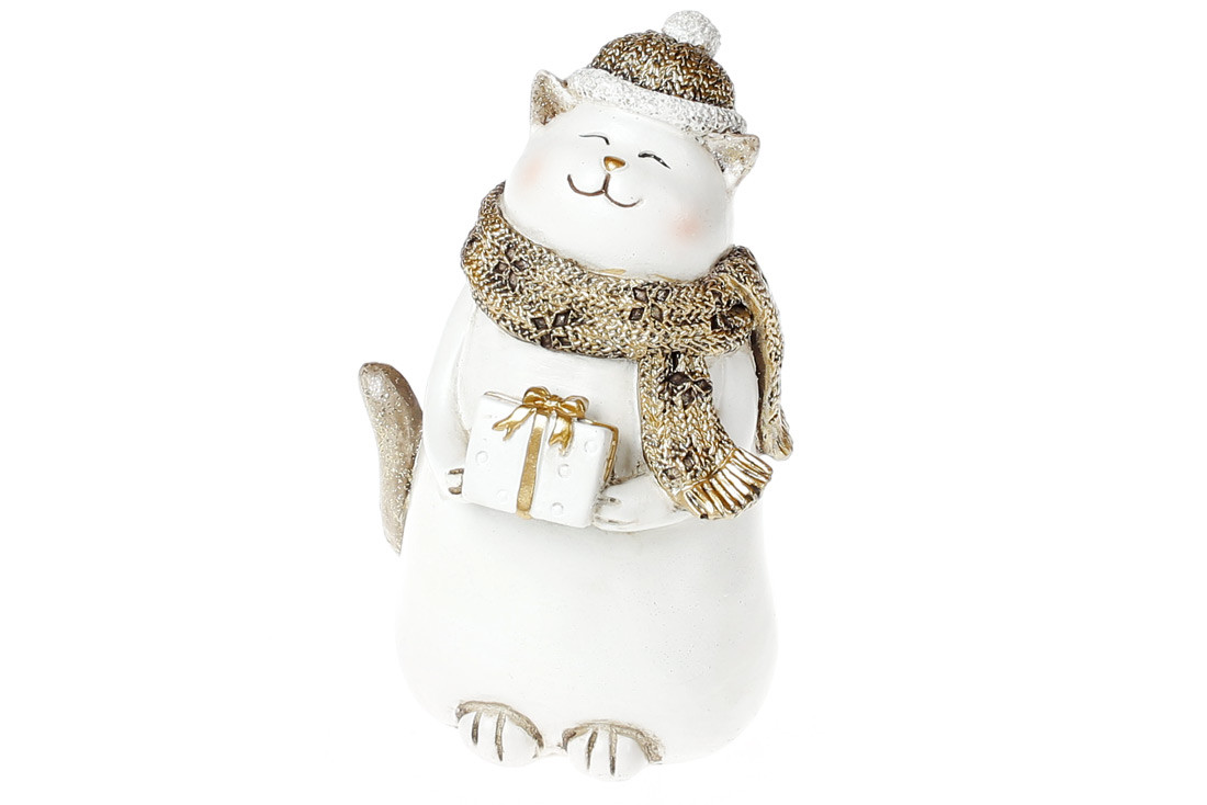 Декоративна фігурка Кіт із подарунком 9*8*14 см, білий із золотом, у пакованні 2 шт. (218-775)