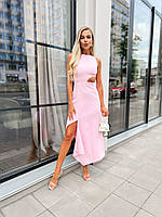 Женское приталенное розовое платье ассиметричное на лето с вырезами на талии