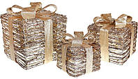 Набір декоративних подарунків — 3 коробки 15х20 см, 20х25 см, 25х30 см з LED-підсвіткою, старовинне золото