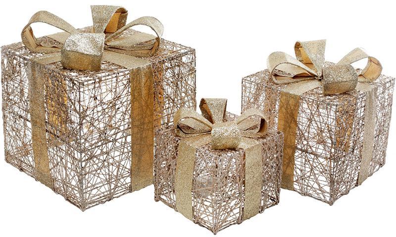 Набір декоративних подарунків — 3 коробки 15х20 см, 20х25 см, 25х30 см з LED-підсвіткою, шампань із золотом