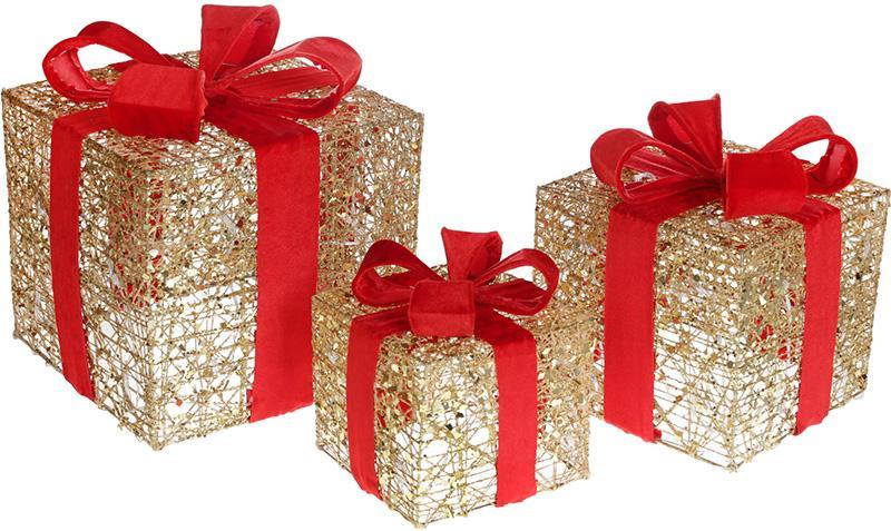 Набір декоративних подарунків — 3 коробки 15 см, 20 см, 25 см з LED-підсвіткою, золото з червоним бантом