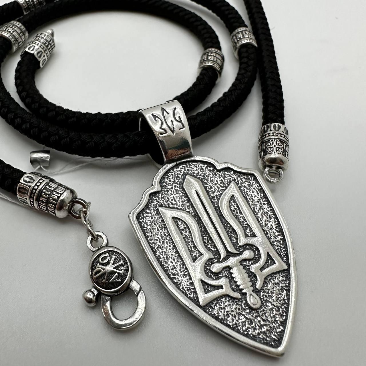 Срібна підвіска Герб України кулон тризуб із шовковим шнурком на шию срібло 925 проба