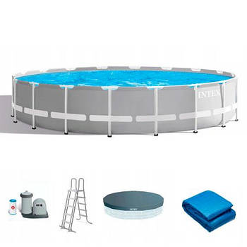 Каркасний круглий басейн (610x132 см, 32695 л, фільтр, сходи, тент, підстилка) Intex 26756 Сірий