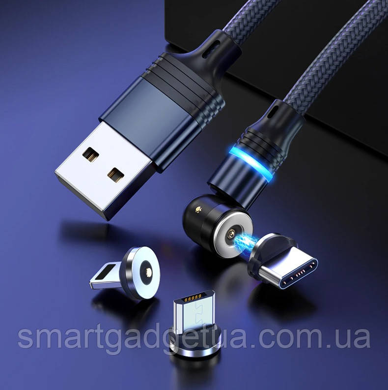 Посилений Магнітний кабель 540° Чорний, 1м для заряджання 3 в 1(Lightning(iPhone), micro USB, T-C), 2.4A