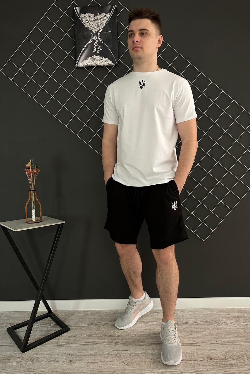 Літній чоловічий спортивний костюм лого Герб, шорти чорні та футболка біла. XL