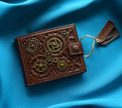 Гаманець на кнопці з натуральної шкіри з відділеннями для купюр, карт та монет у стилі стимпанк