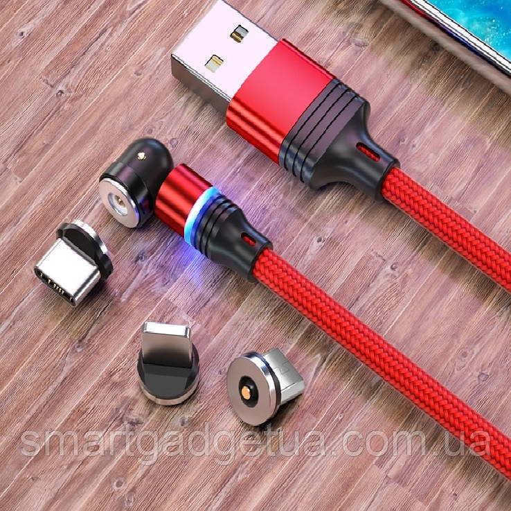 Посилений Магнітний кабель 540° Червоний, 1м для заряджання 3 в 1(Lightning(iPhone), micro USB, T-C), 2.4A