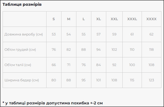 Таблиця розмірів