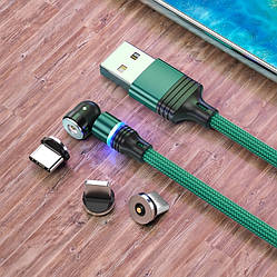 Посилений Магнітний кабель 540° Зелений, 1м для заряджання 3 в 1(Lightning(iPhone), micro USB, T-C), 2.4A