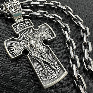 Масивний срібний хрест розп'яття та архангел Михаїл та срібний ланцюжок якірне плетіння срібло 925 проби