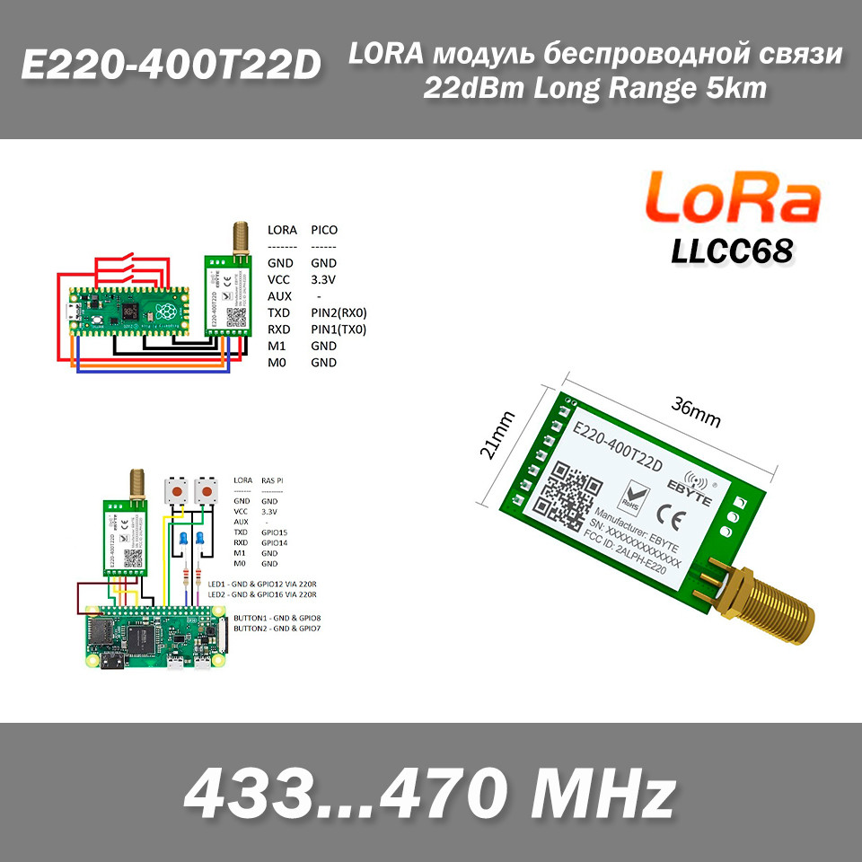 E220-400T22D LoRa модуль бездротового зв'язку (433MHz-470MHz) роз'єм під антенну SMA-female LLCC68 Wireless Module 22dBm Long Rang, фото 1