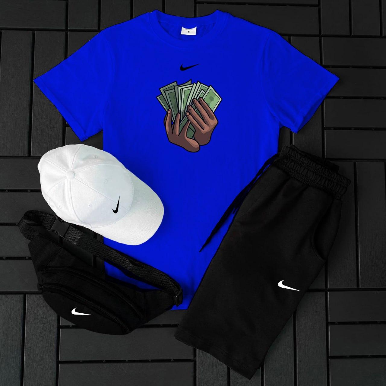 Чоловічий комплект літній футболка шорти кепка бананка сумка Nike cash синій спортивний костюм найк літо, фото 1