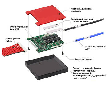 Плата захисту літієвої батареї BMS LiFePO4 12V 4S 20A симетрія в корпусі з балансуванням, фото 4