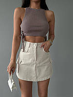 Бежевая женская юбка-шорты с карманами, джинсовая юбка с завышенной талией Турция