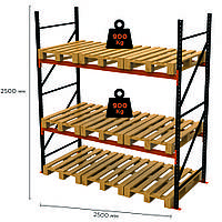 Складской паллетный стеллаж Light 2500x2500x1100-2-2, стеллаж на склад, фронтальный складской стеллаж