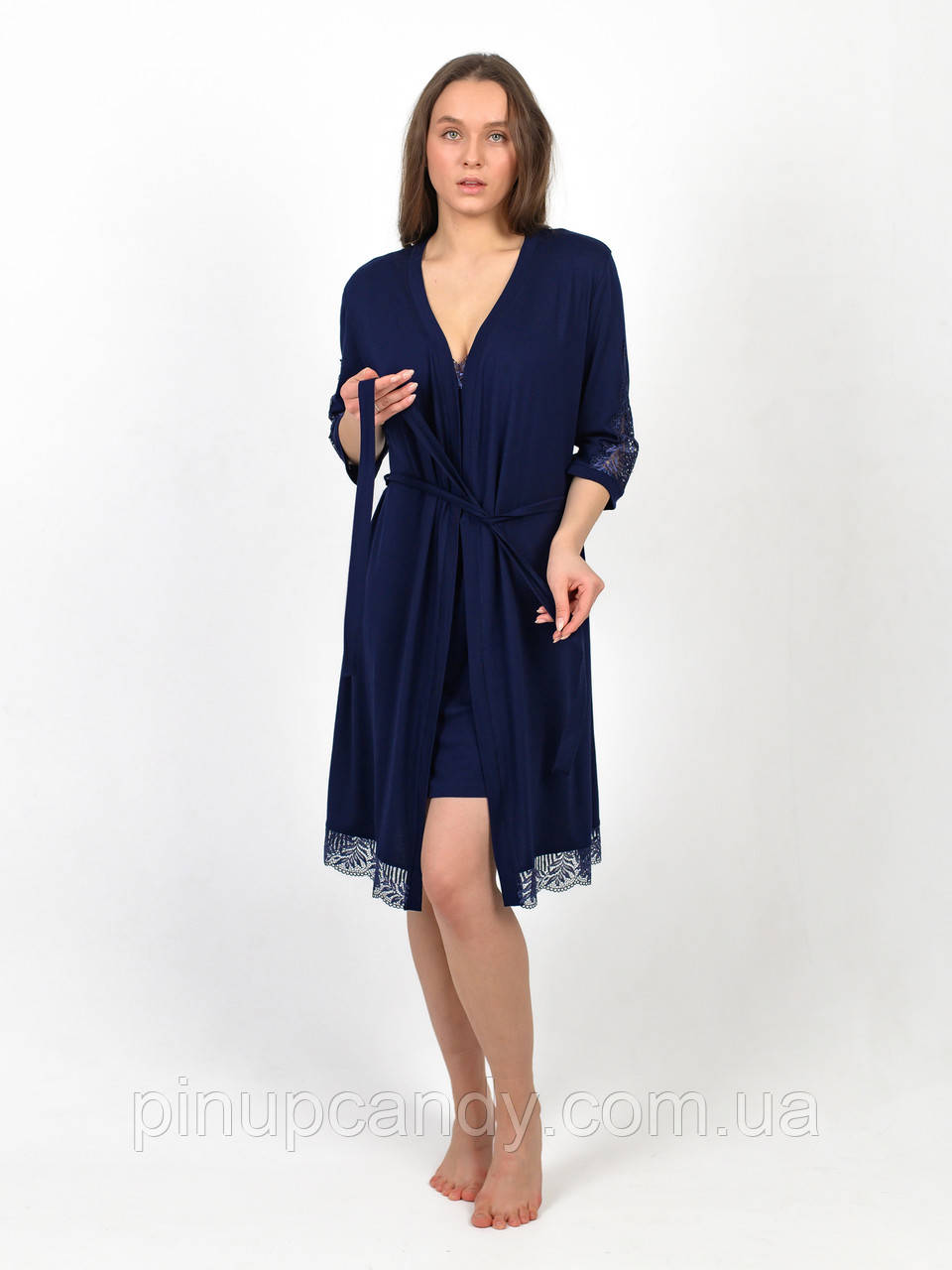 Домашній халат з віскози і мережива N.EL. 1305-92 синій S, фото 1