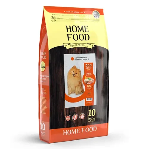 Сухий корм для дорослих собак дрібних порід Home Food здорова шкіра та блиск вовни індичка та лосось 10 кг