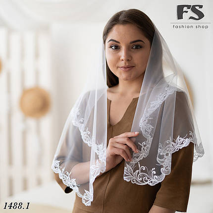 Ніжна біла сучасна хустка на вінчання, на хрестини, в храм Адель, фото 2