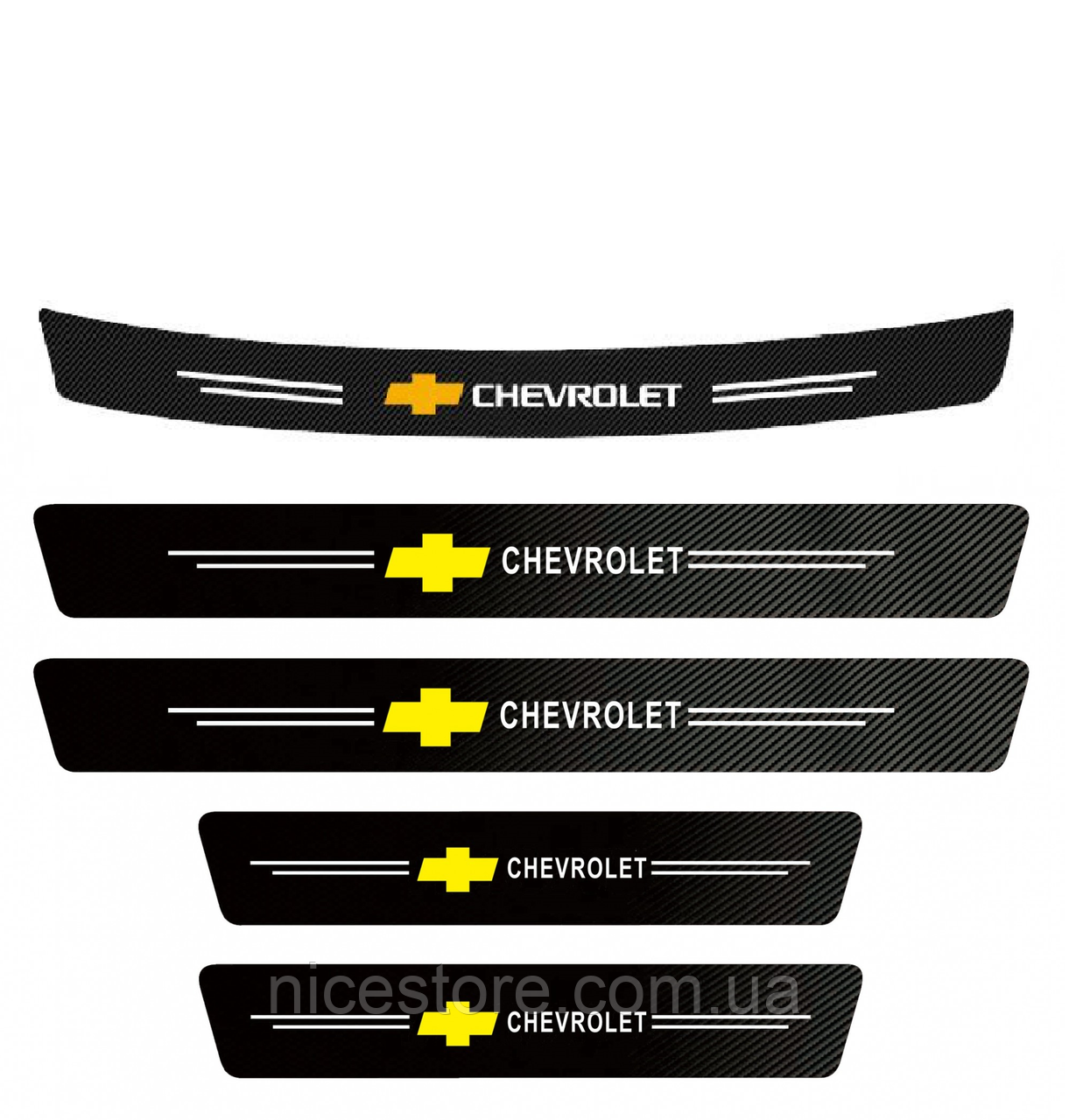 Наклейки на пороги та задній бампер заокруглена карбонові з логотипом Chevrolet всі моделі та інші марки автомобілів